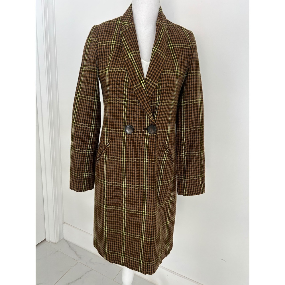 Stradivarius Brown Yellow Houndstooth Plaid Double Breasted Wool Blend Coat S